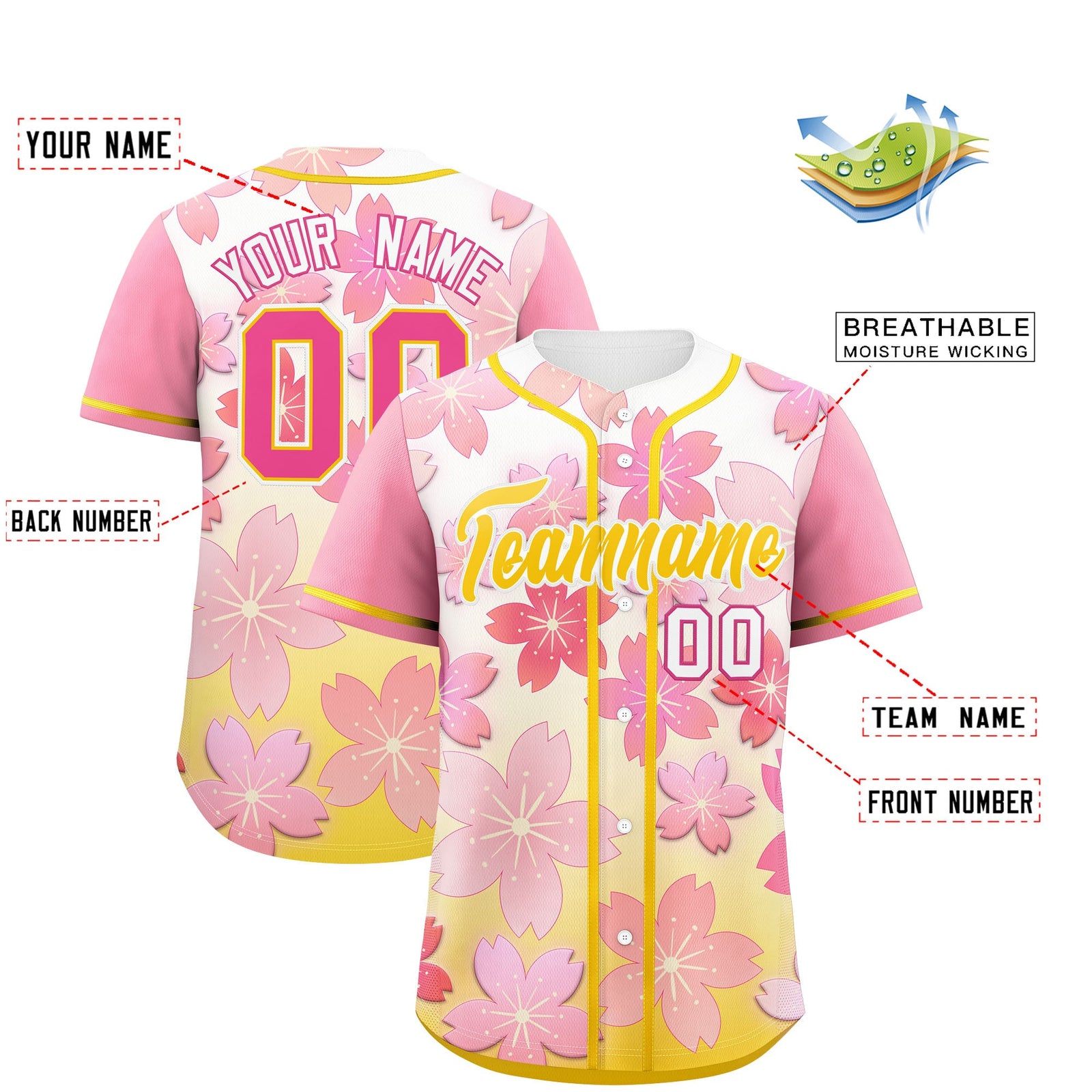 Custom Gold Pink Gradient Fashion Elastic Baseball Jersey| KXKSHOP