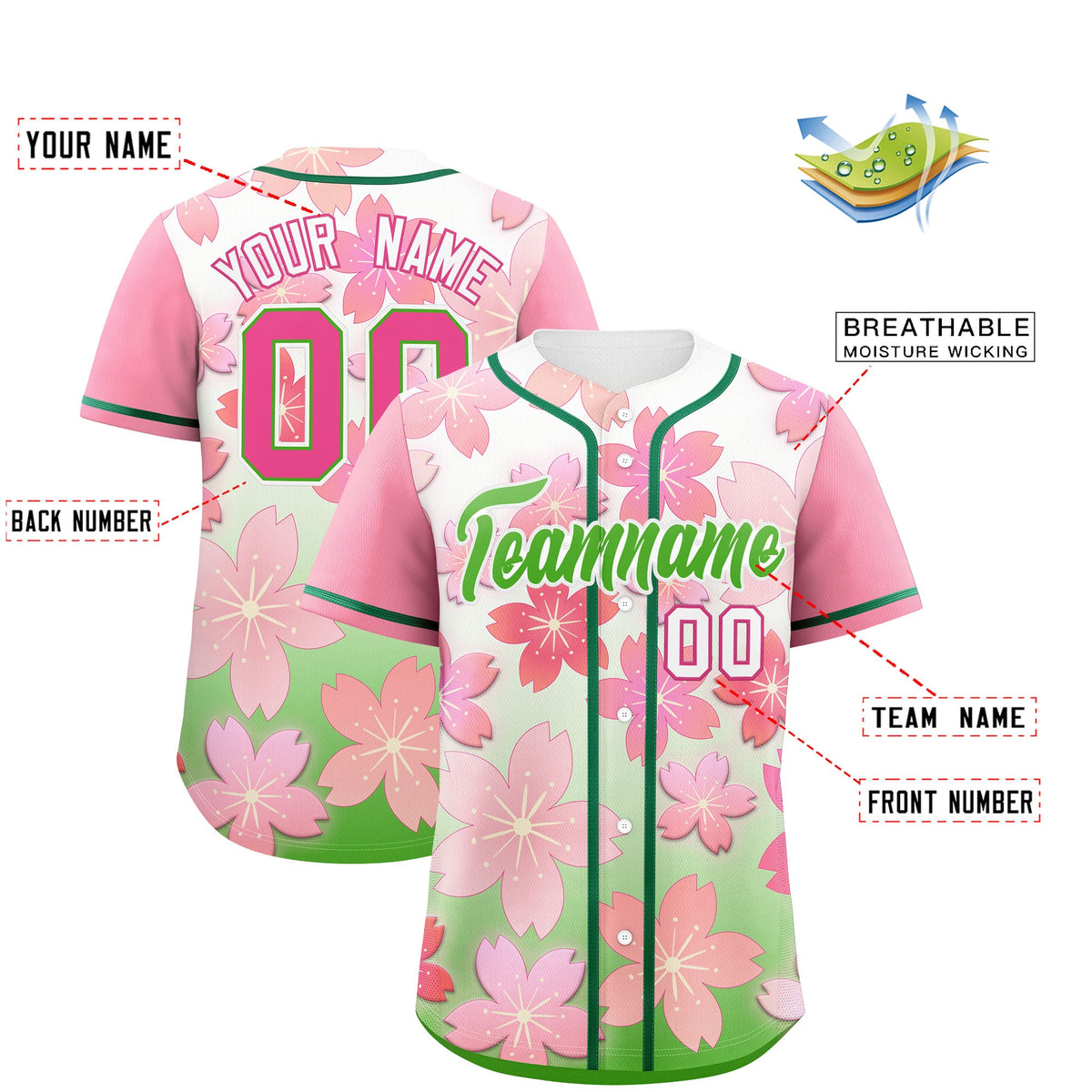 Custom Light Green Pink Gradient Fashion Elastic Baseball Jersey| KXKSHOP
