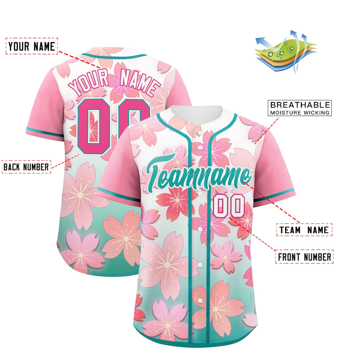 Custom Aqua Pink Gradient Fashion Elastic Baseball Jersey| KXKSHOP