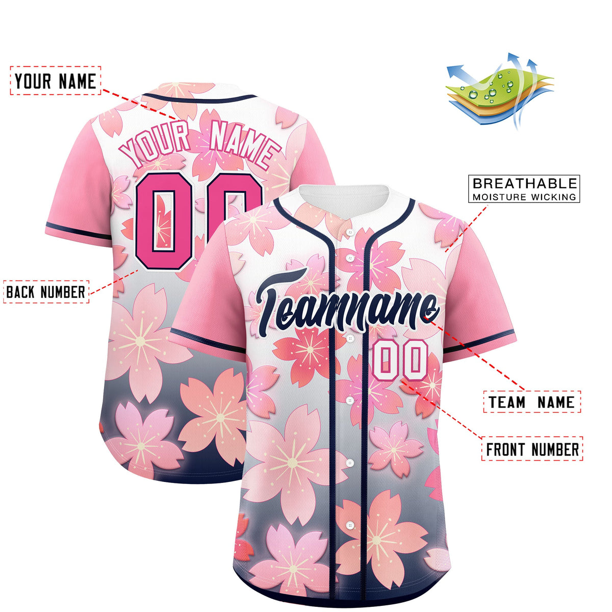 Custom Navy Pink Gradient Fashion Elastic Baseball Jersey| KXKSHOP