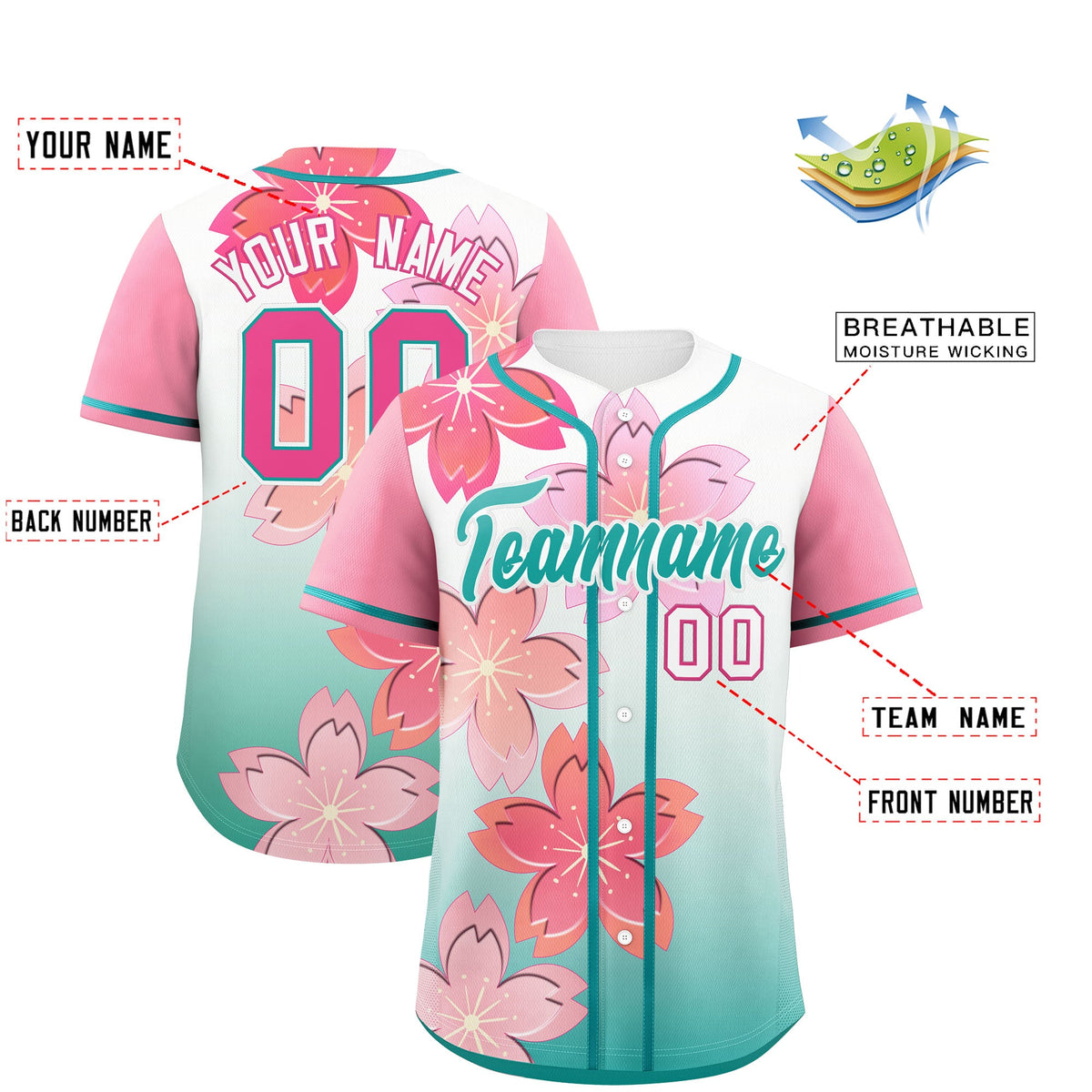 Custom Aqua Pink Gradient Fashion Elastic Baseball Jersey| KXKSHOP