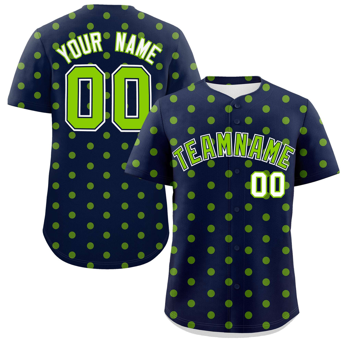 Custom Navy Neon Green Personalized Polka Dot Graffiti Pattern Authentic Baseball Jersey