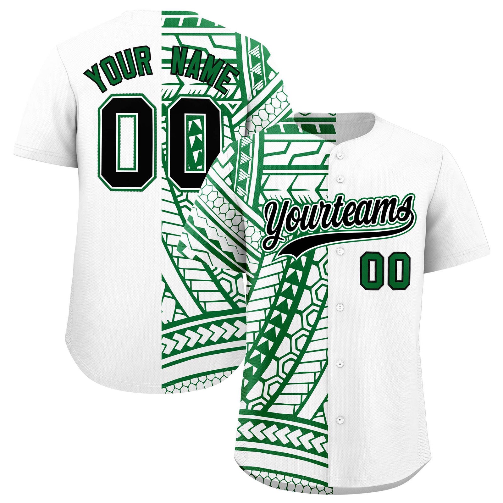 Custom White Kelly Green Split Fashion Tribal Pattern Authentic Baseball Jersey
