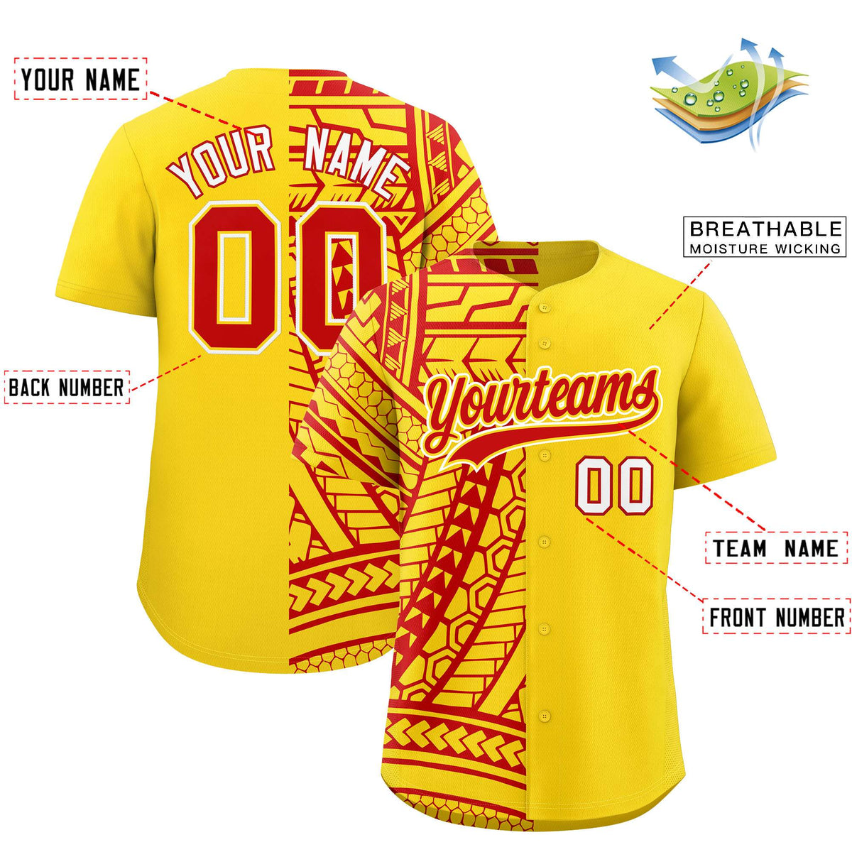 Custom Red Gold Split Fashion Tribal Pattern Authentic Baseball Jersey