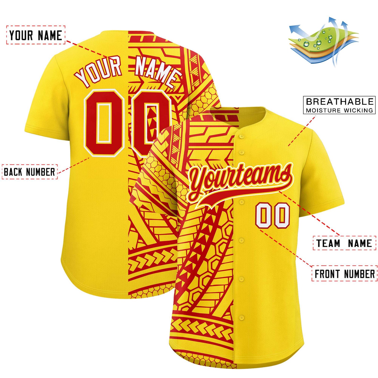 Custom Red Gold Split Fashion Tribal Pattern Authentic Baseball Jersey