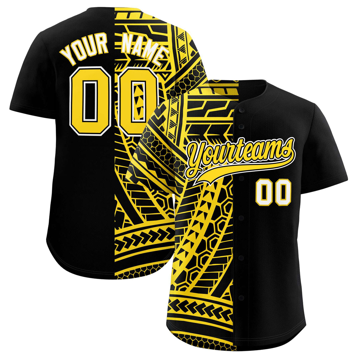Custom Black Gold Split Fashion Tribal Pattern Authentic Baseball Jersey