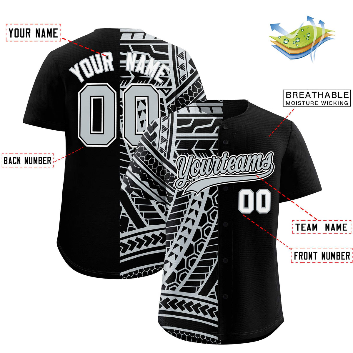 Custom Black Silver Split Fashion Tribal Pattern Authentic Baseball Jersey