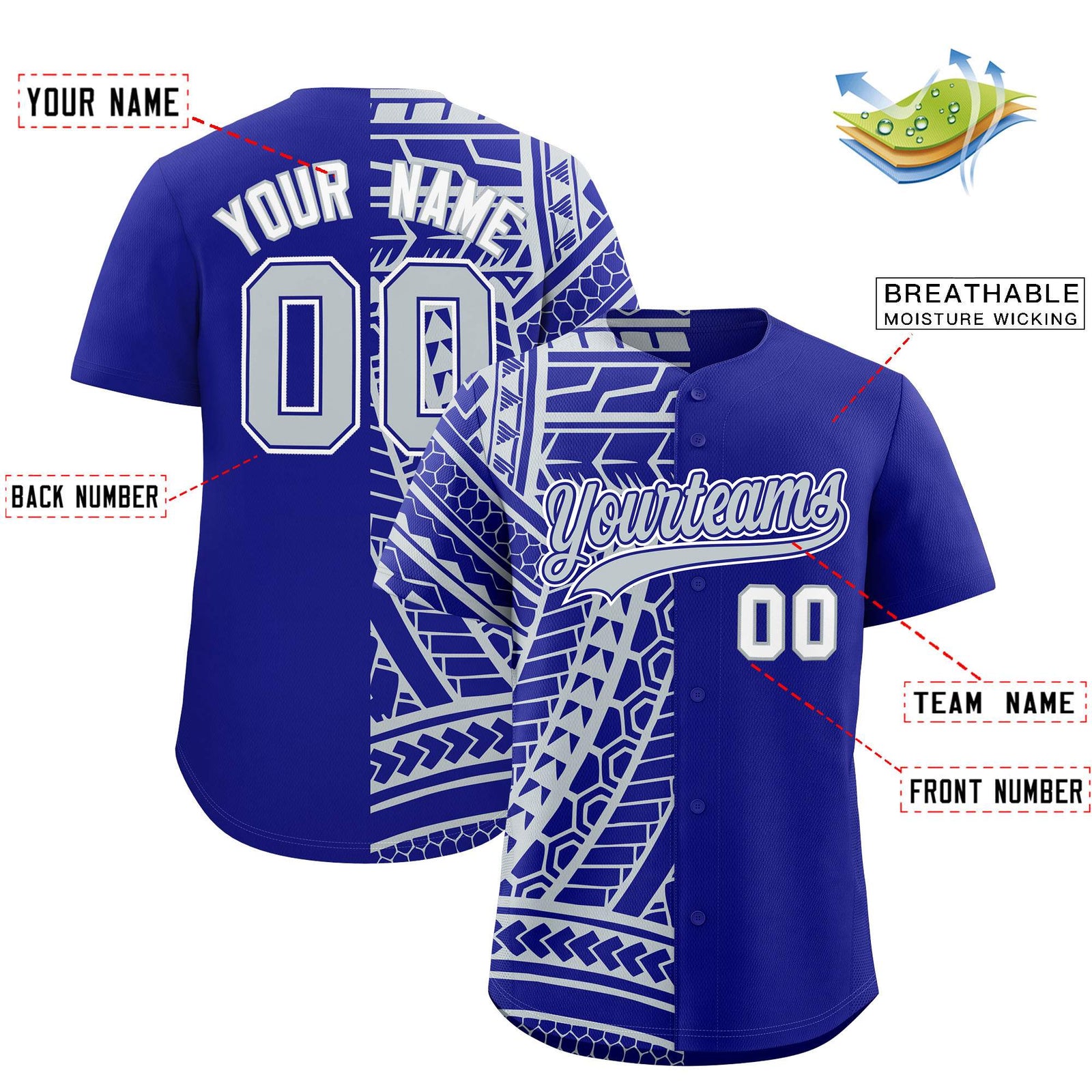 Custom Royal Silver Split Fashion Tribal Pattern Authentic Baseball Jersey