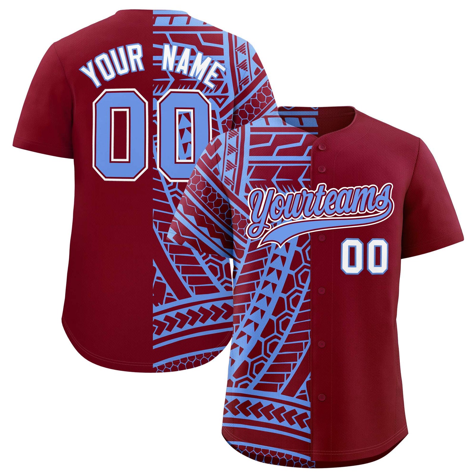 Custom Crimson Light Blue Split Fashion Tribal Pattern Authentic Baseball Jersey