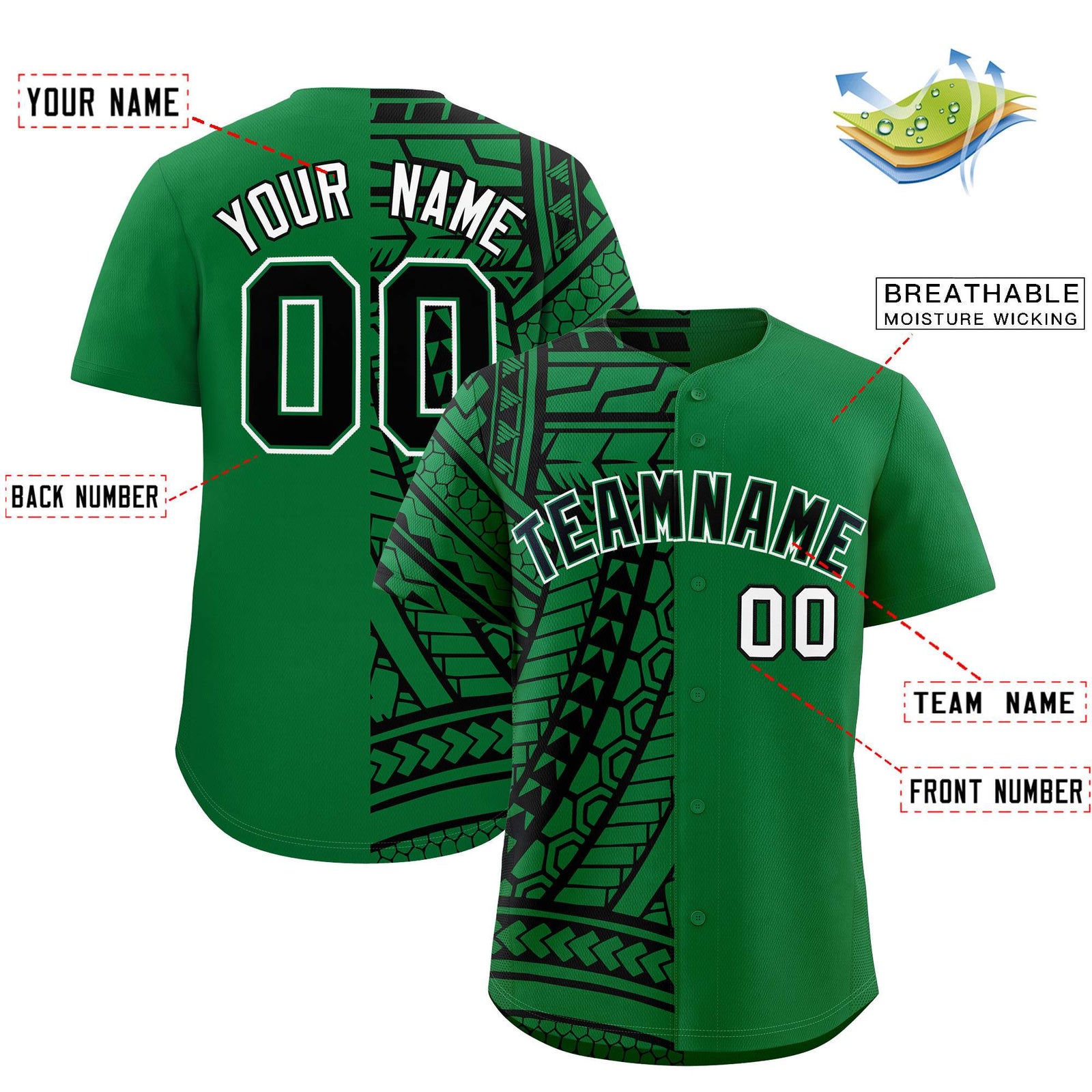 Custom Kelly Green Black Split Fashion Tribal Pattern Authentic Baseball Jersey