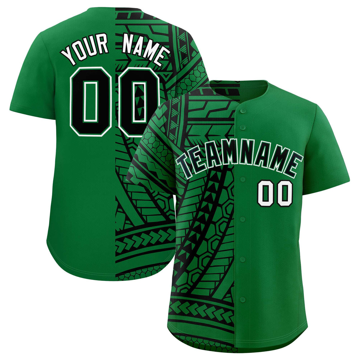 Custom Kelly Green Black Split Fashion Tribal Pattern Authentic Baseball Jersey