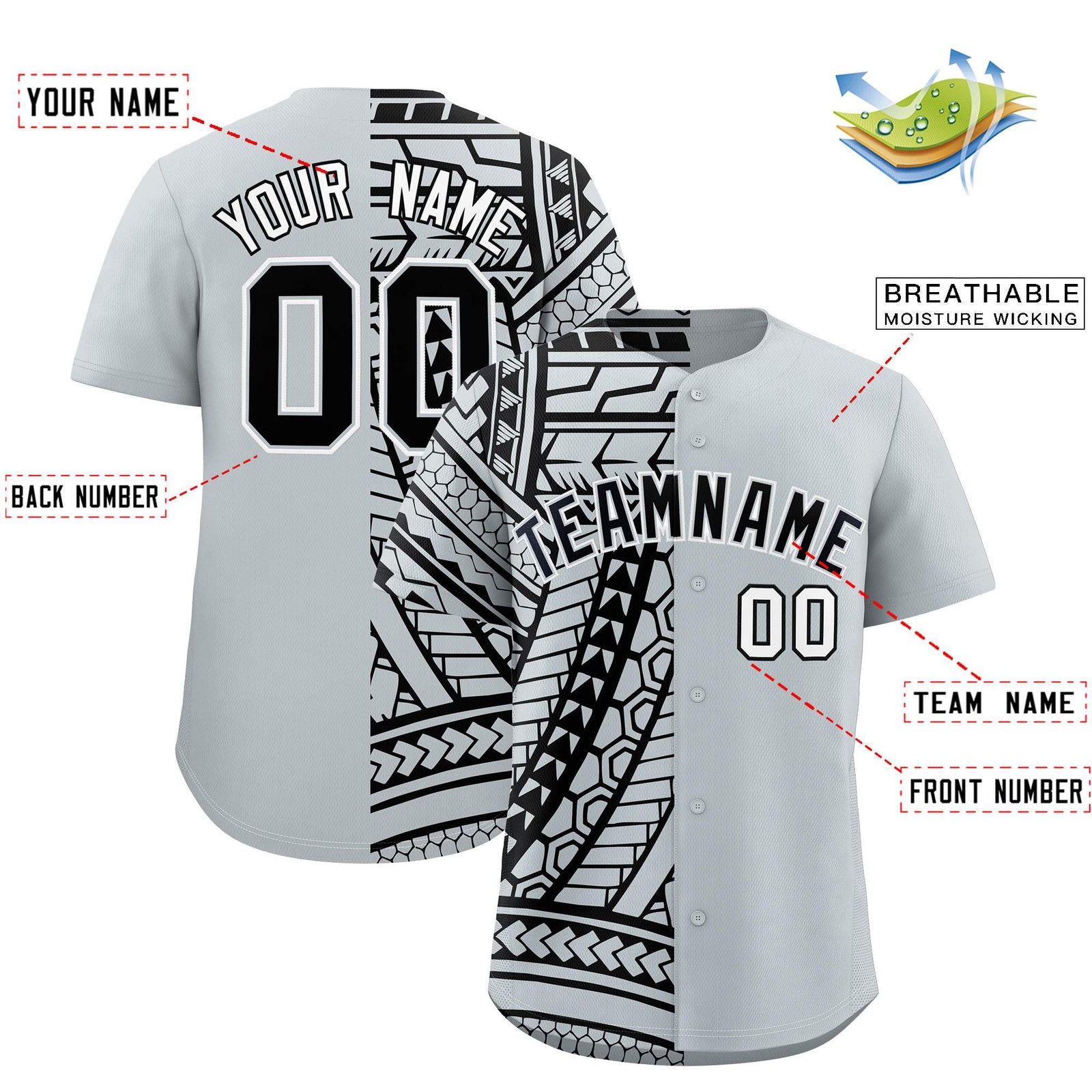 Custom Silver Black Split Fashion Tribal Pattern Authentic Baseball Jersey