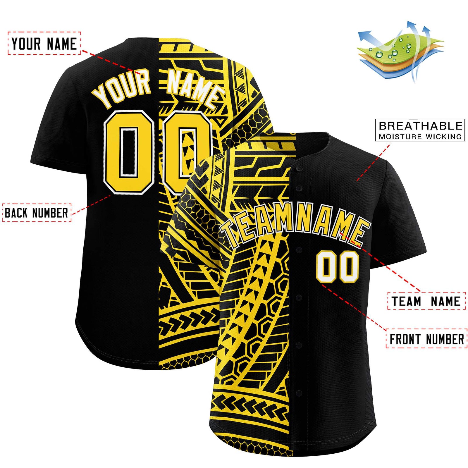 Custom Black Gold Split Fashion Tribal Pattern Authentic Baseball Jersey