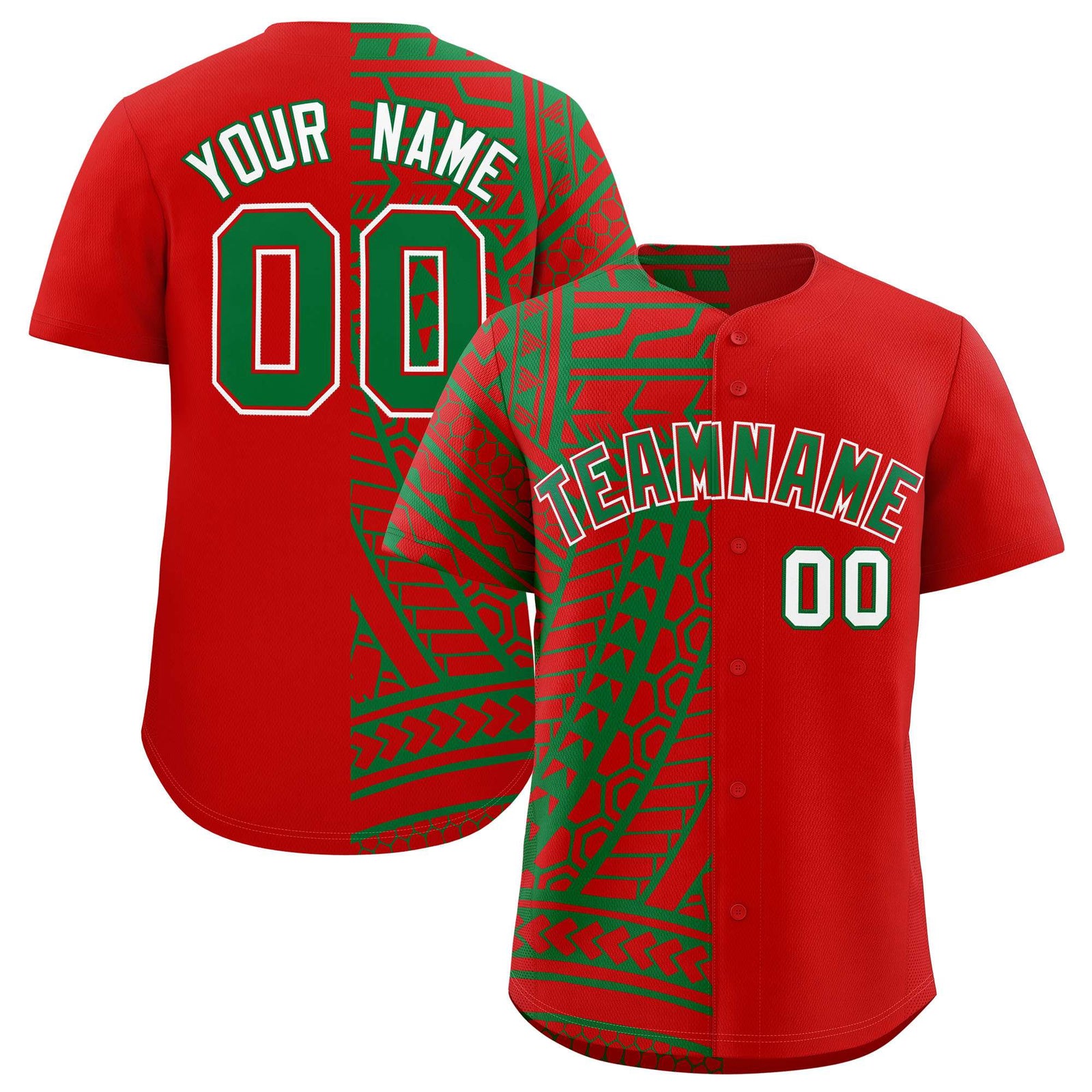 Custom Red Kelly Green Split Fashion Tribal Pattern Authentic Baseball Jersey