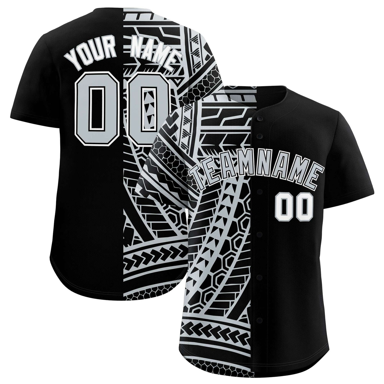 Custom Black Silver Split Fashion Tribal Pattern Authentic Baseball Jersey