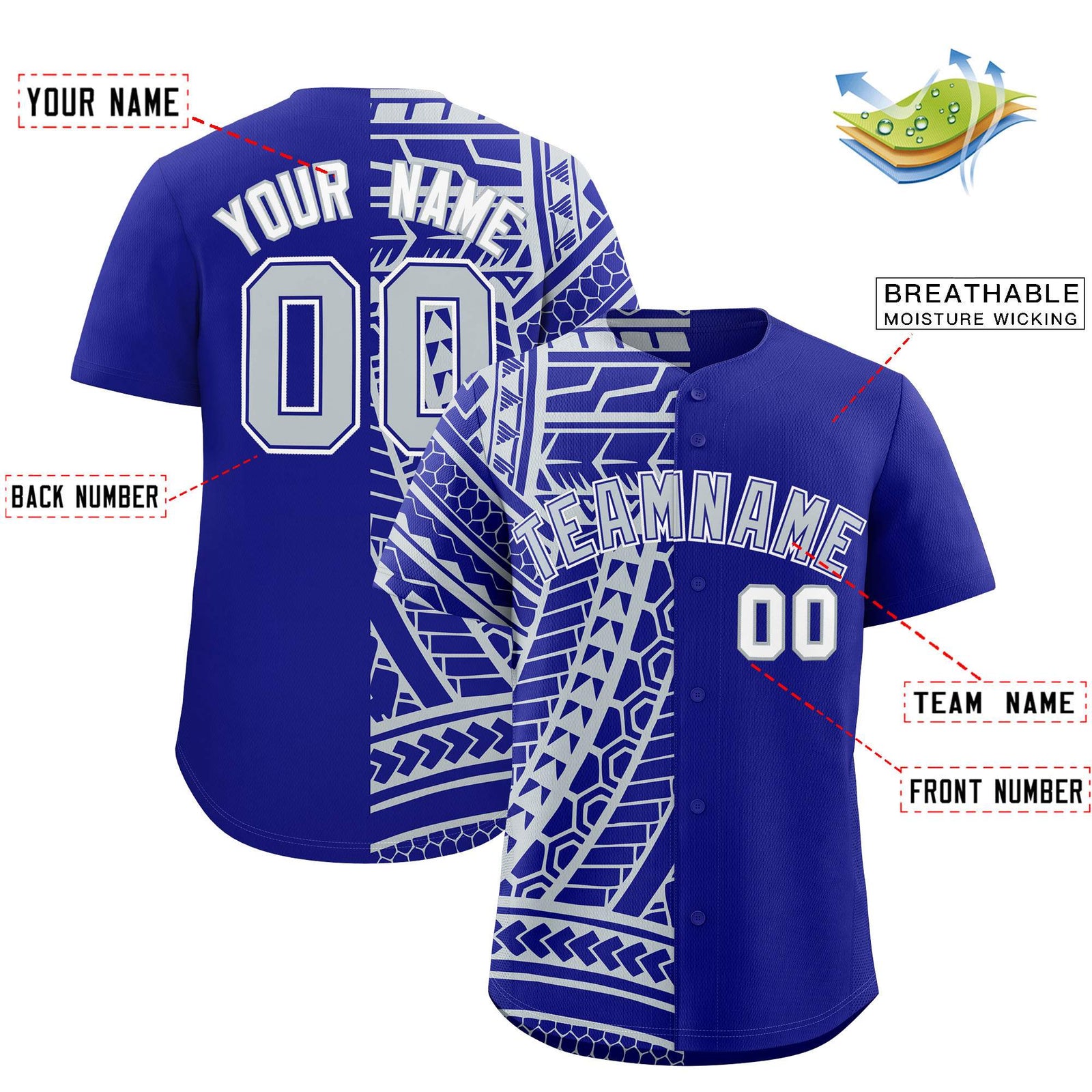 Custom Royal Silver Split Fashion Tribal Pattern Authentic Baseball Jersey