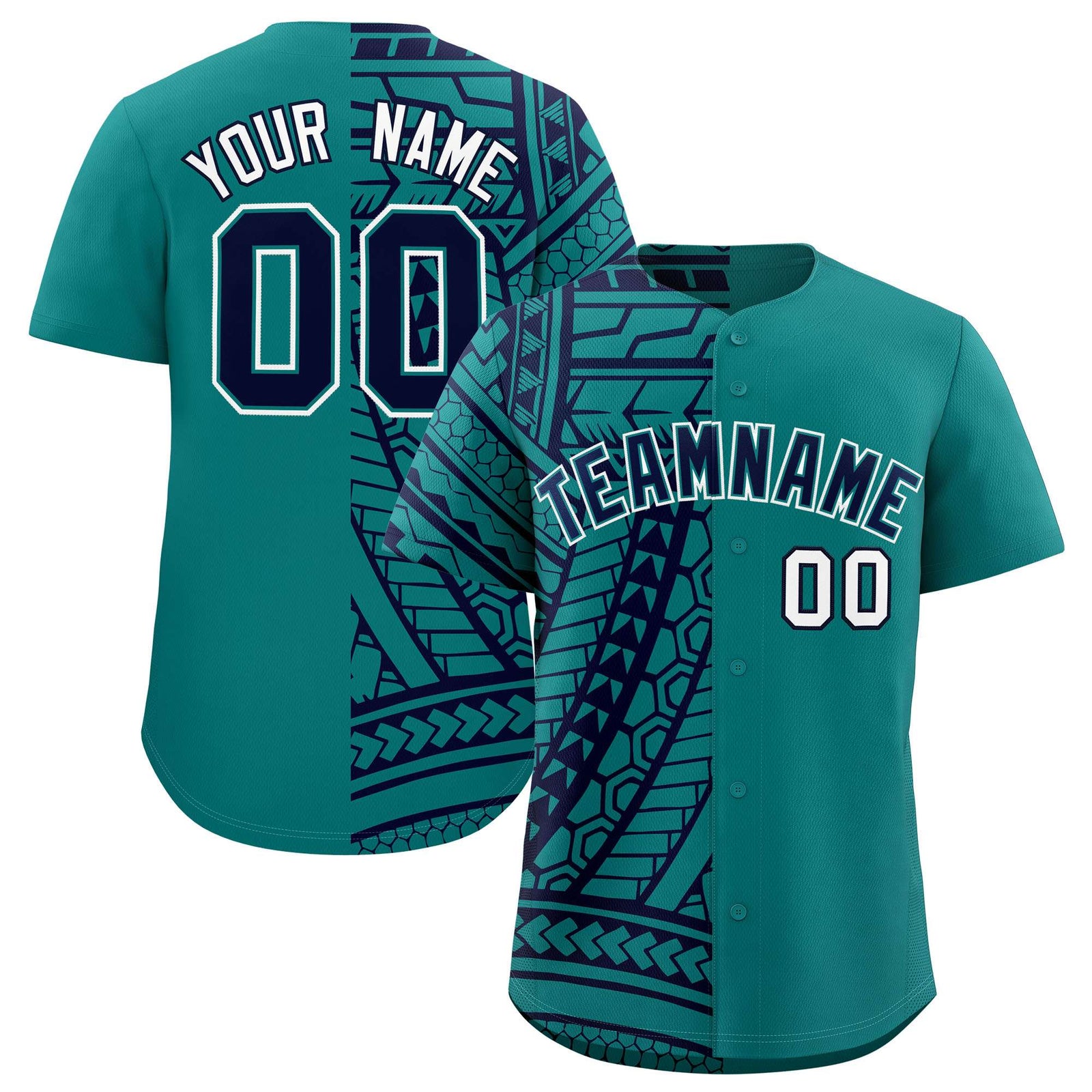 Custom Aqua Navy Split Fashion Tribal Pattern Authentic Baseball Jersey
