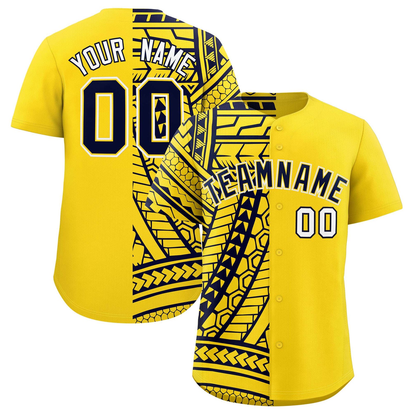 Custom Gold Navy Split Fashion Tribal Pattern Authentic Baseball Jersey