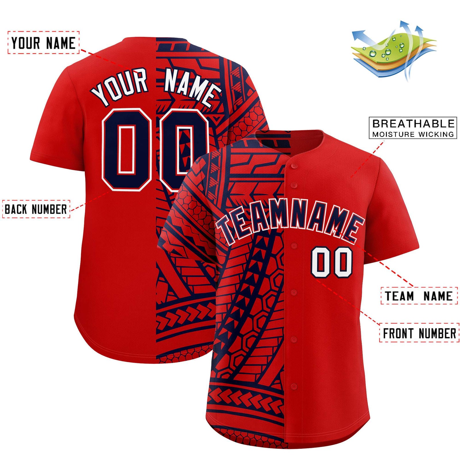 Custom Red Navy Split Fashion Tribal Pattern Authentic Baseball Jersey