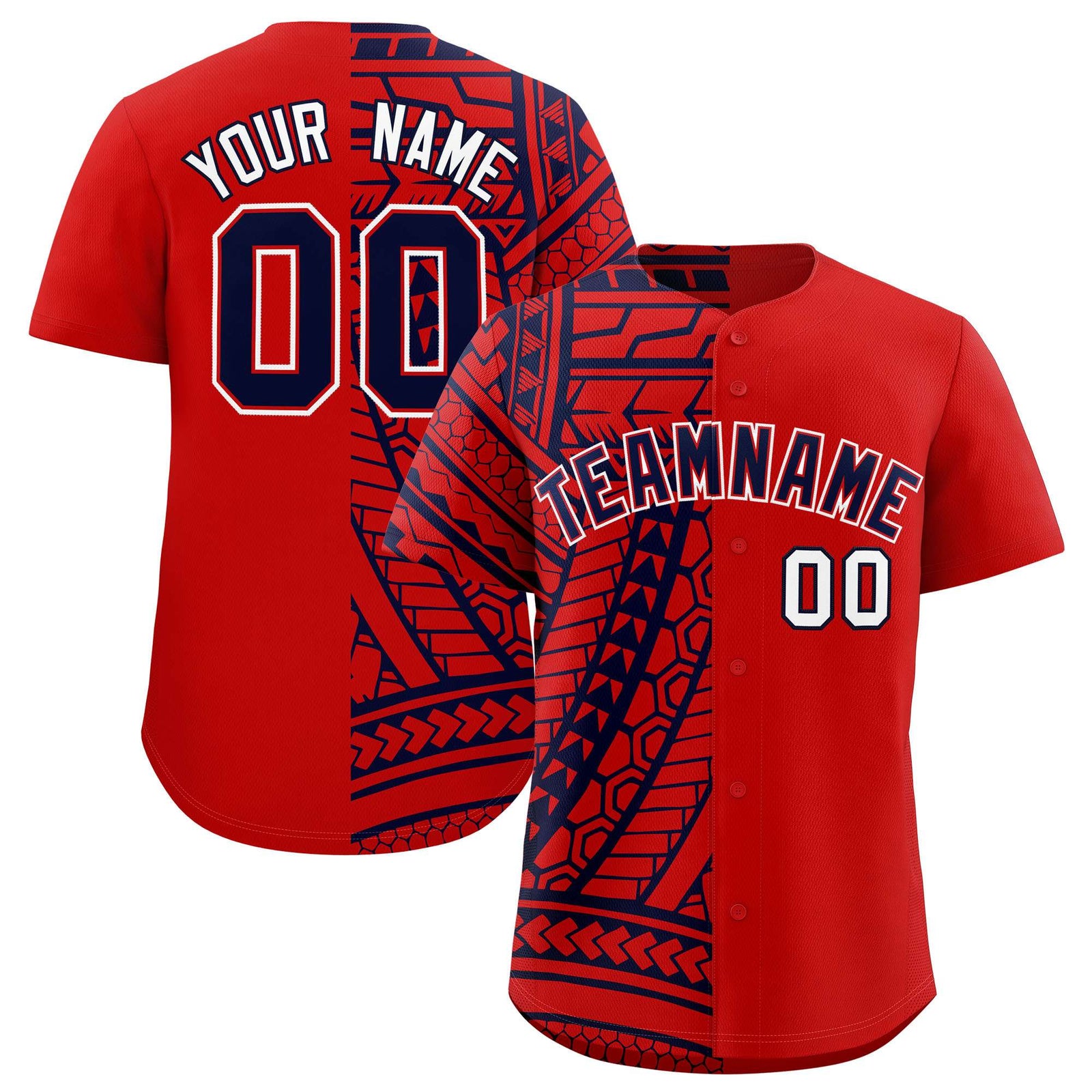 Custom Red Navy Split Fashion Tribal Pattern Authentic Baseball Jersey