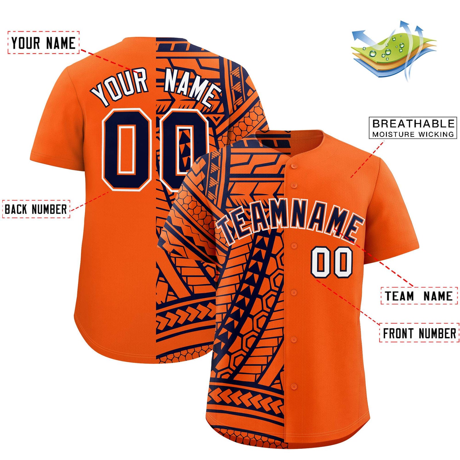 Custom Orange Navy Split Fashion Tribal Pattern Authentic Baseball Jersey