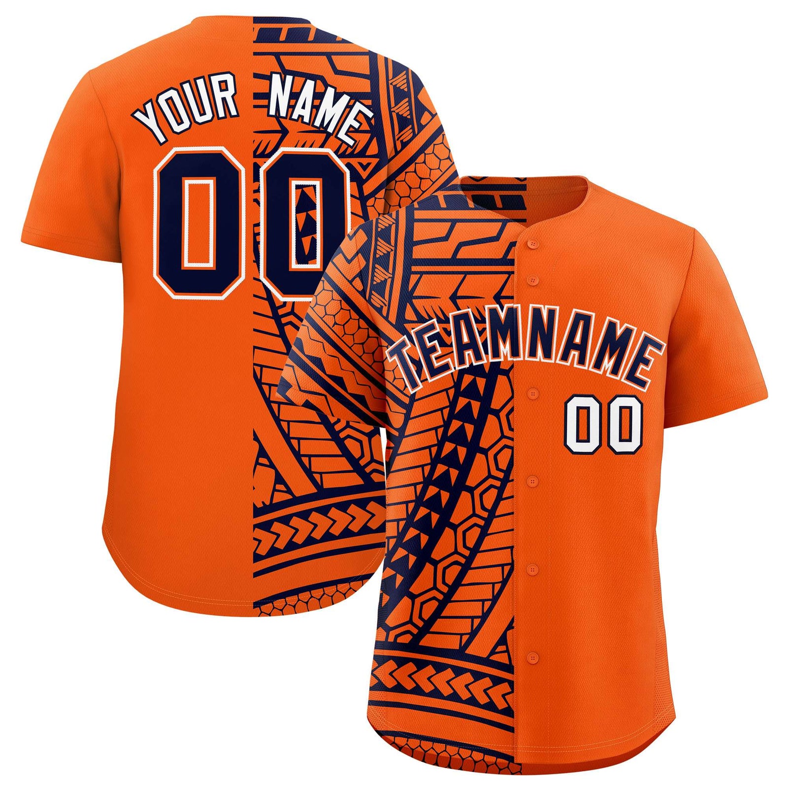 Custom Orange Navy Split Fashion Tribal Pattern Authentic Baseball Jersey