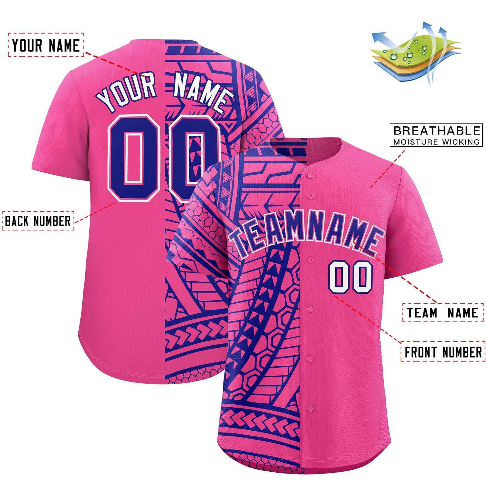 Custom Pink Royal Split Fashion Tribal Pattern Authentic Baseball Jersey