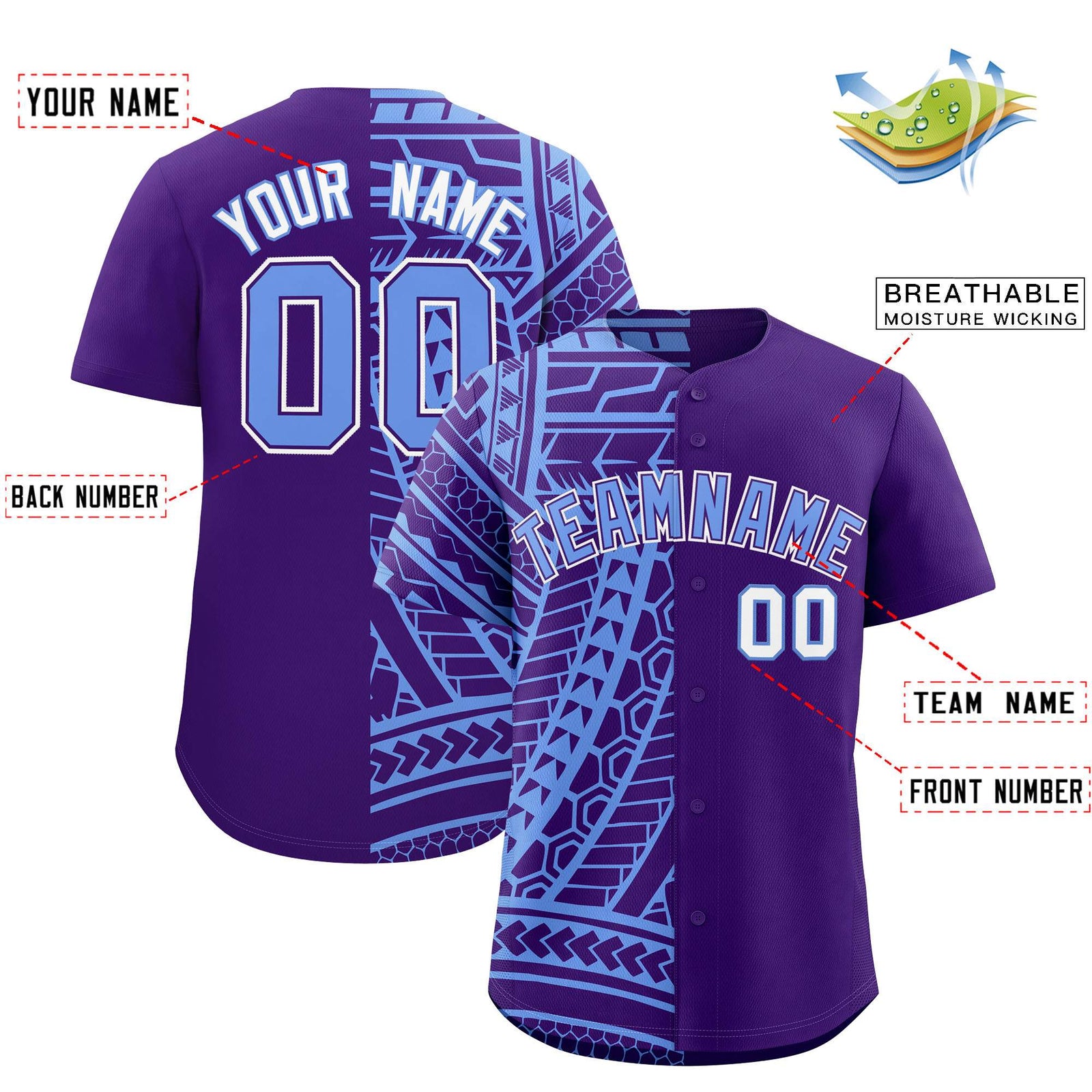 Custom Light Blue Purple Split Fashion Tribal Pattern Authentic Baseball Jersey