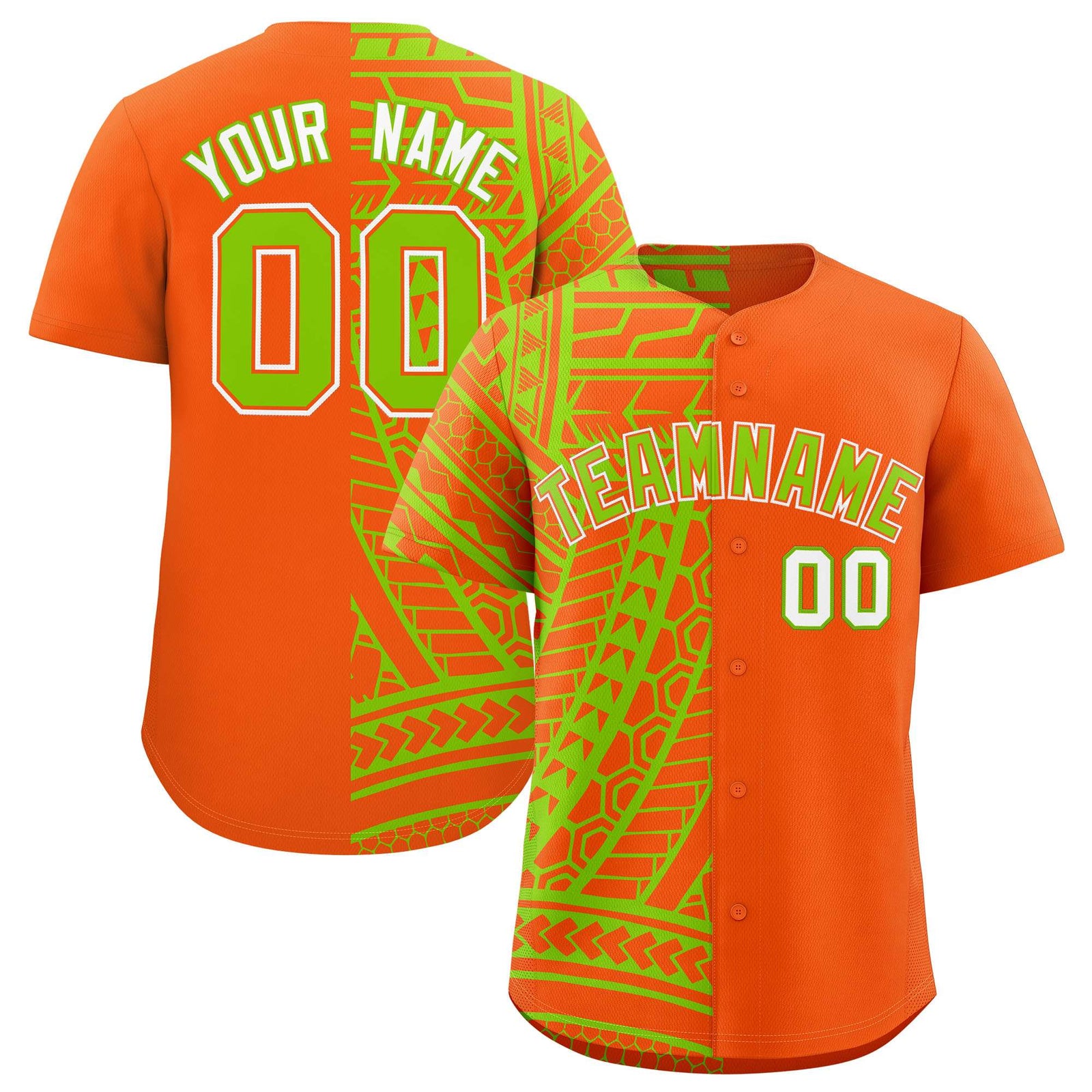 Custom Orange Neon Green Split Fashion Tribal Pattern Authentic Baseball Jersey