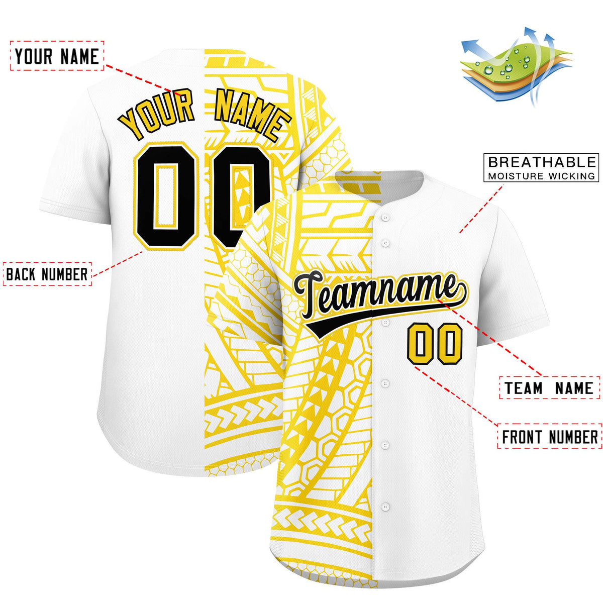 Custom White Gold Split Fashion Tribal Pattern Authentic Baseball Jersey