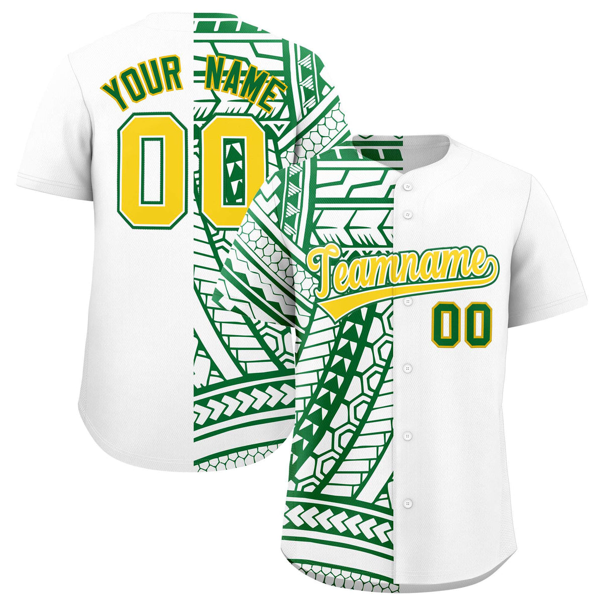 Custom White Kelly Green Split Fashion Tribal Pattern Authentic Baseball Jersey
