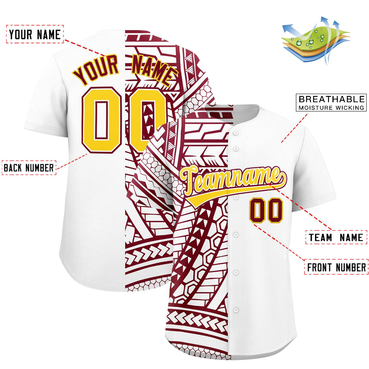 Custom White Crimson Split Fashion Tribal Pattern Authentic Baseball Jersey