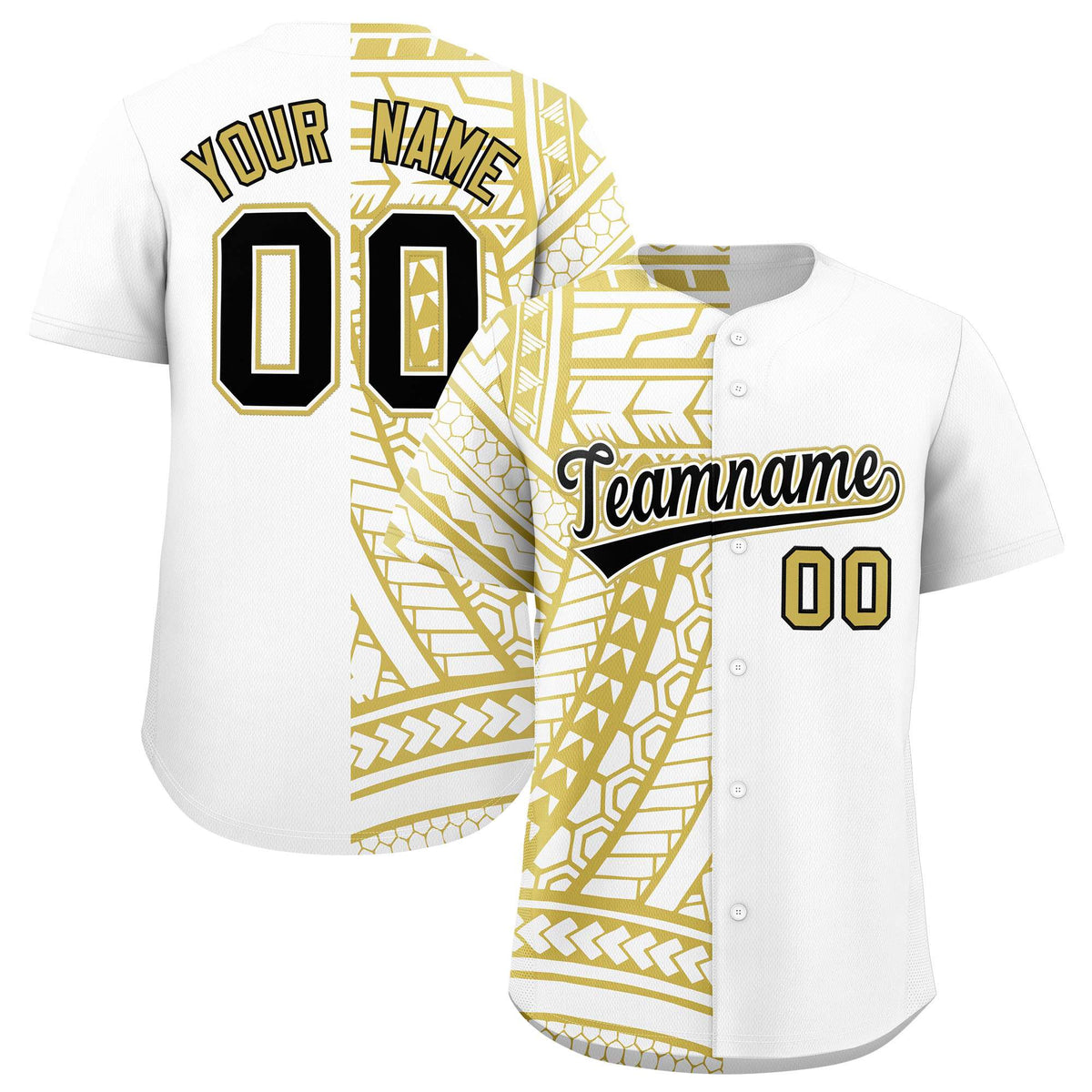 Custom White Old Gold Split Fashion Tribal Pattern Authentic Baseball Jersey