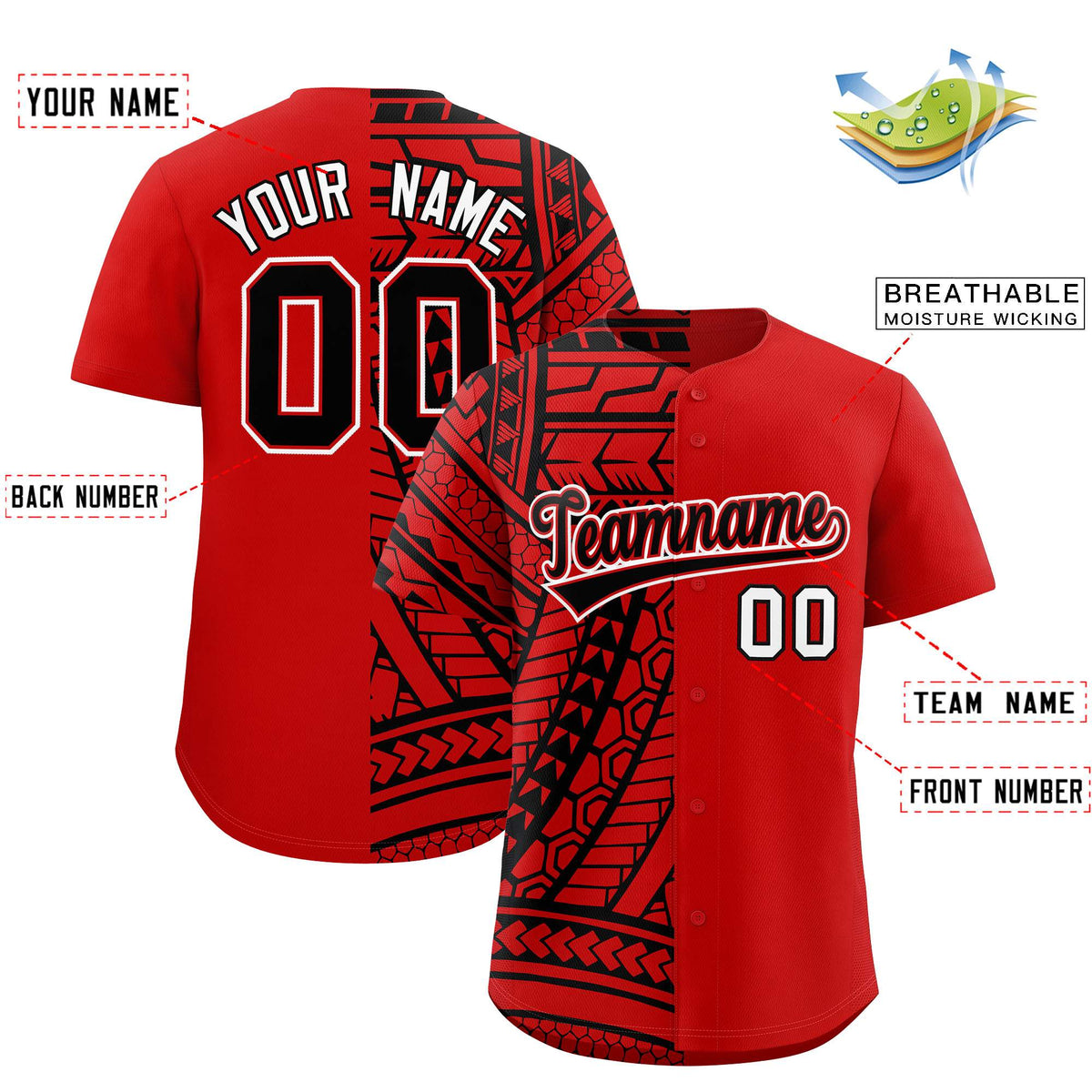Custom Red Black Split Fashion Tribal Pattern Authentic Baseball Jersey