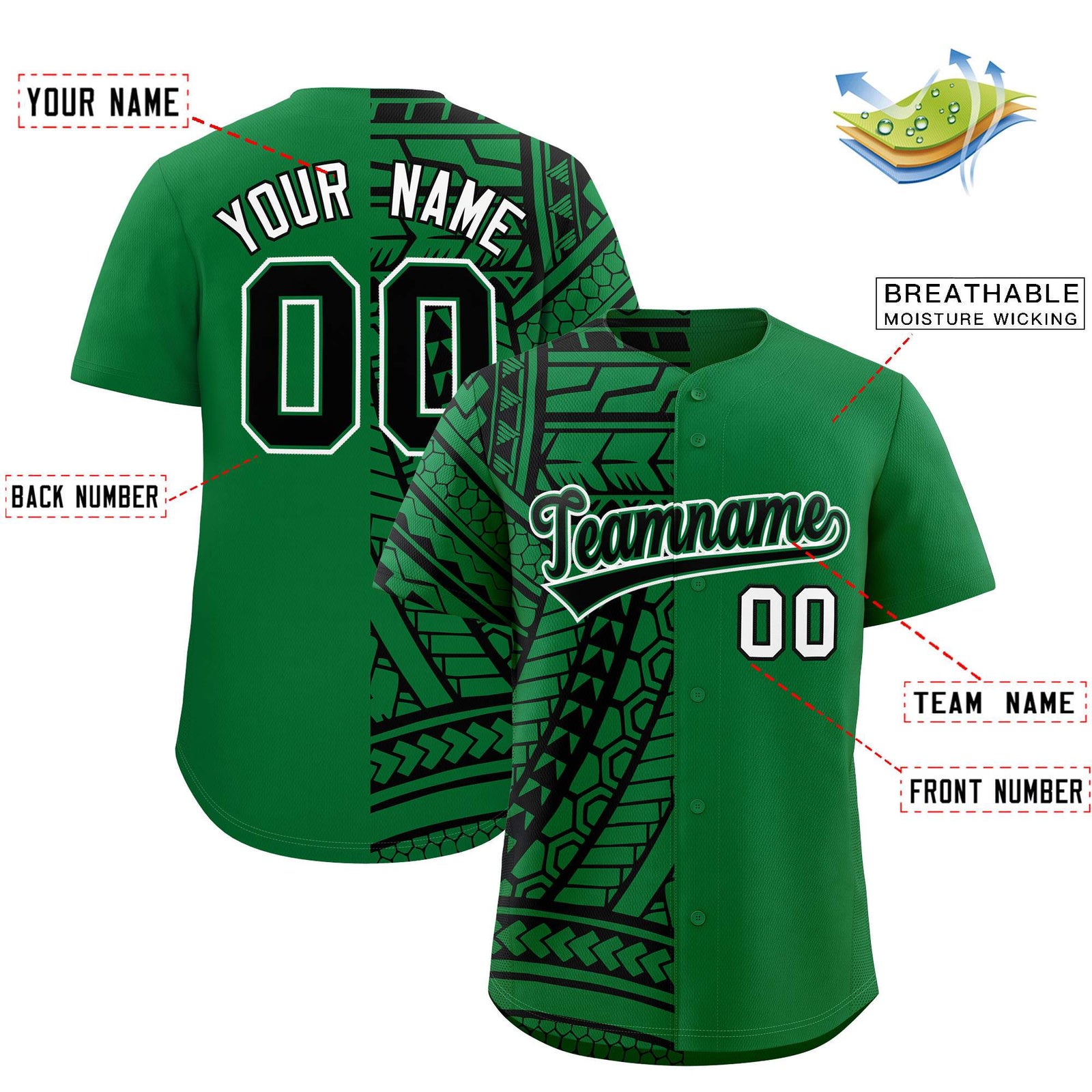 Custom Kelly Green Black Split Fashion Tribal Pattern Authentic Baseball Jersey