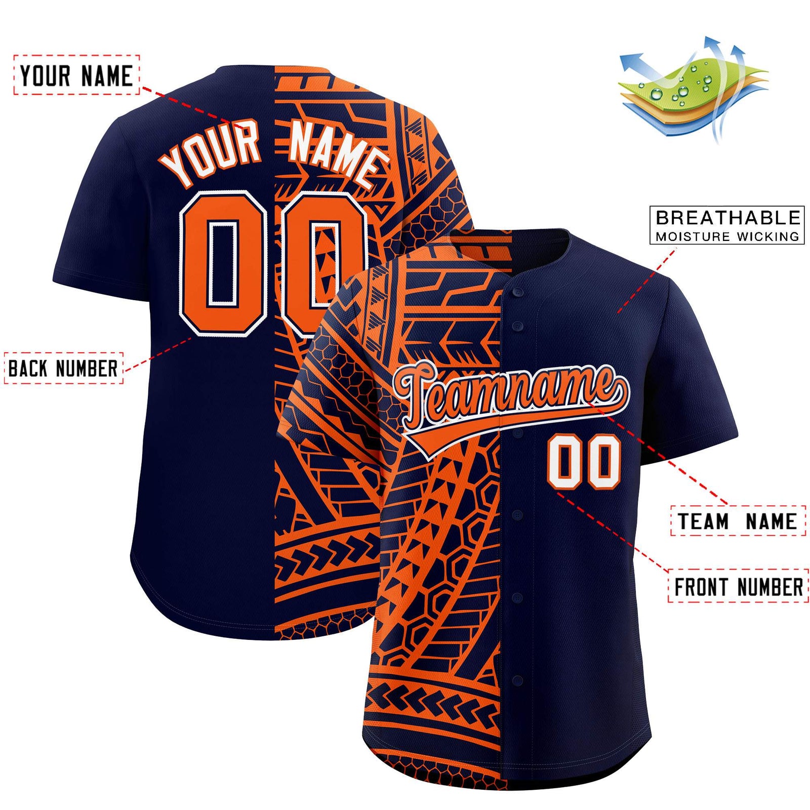 Custom Navy Orange Split Fashion Tribal Pattern Authentic Baseball Jersey