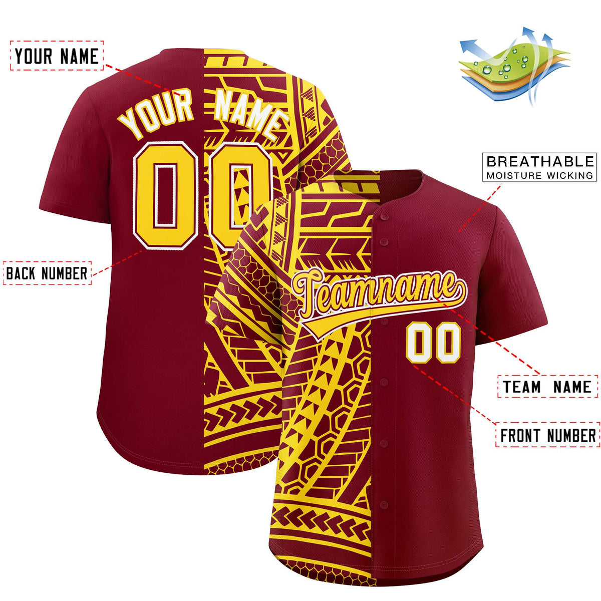 Custom Crimson Gold Split Fashion Tribal Pattern Authentic Baseball Jersey