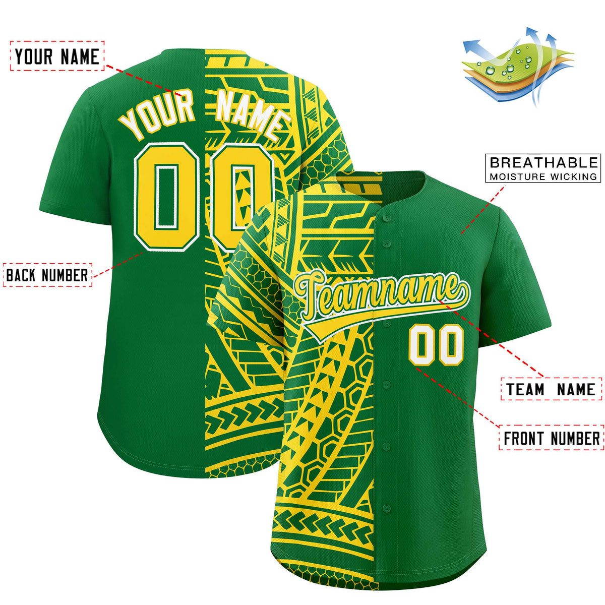 Custom Kelly Green Gold Split Fashion Tribal Pattern Authentic Baseball Jersey