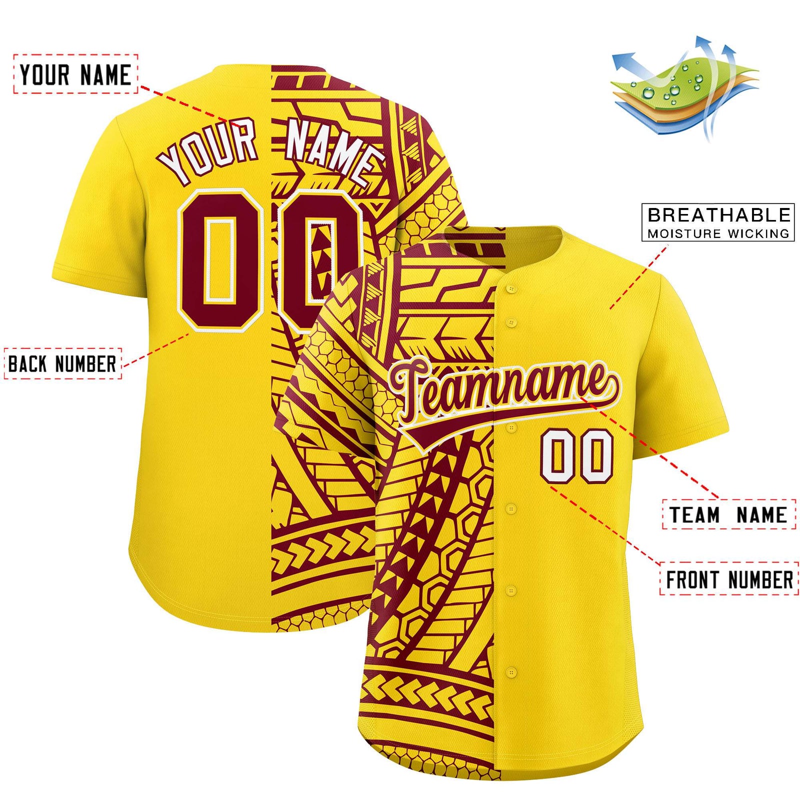 Custom Gold Crimson Split Fashion Tribal Pattern Authentic Baseball Jersey