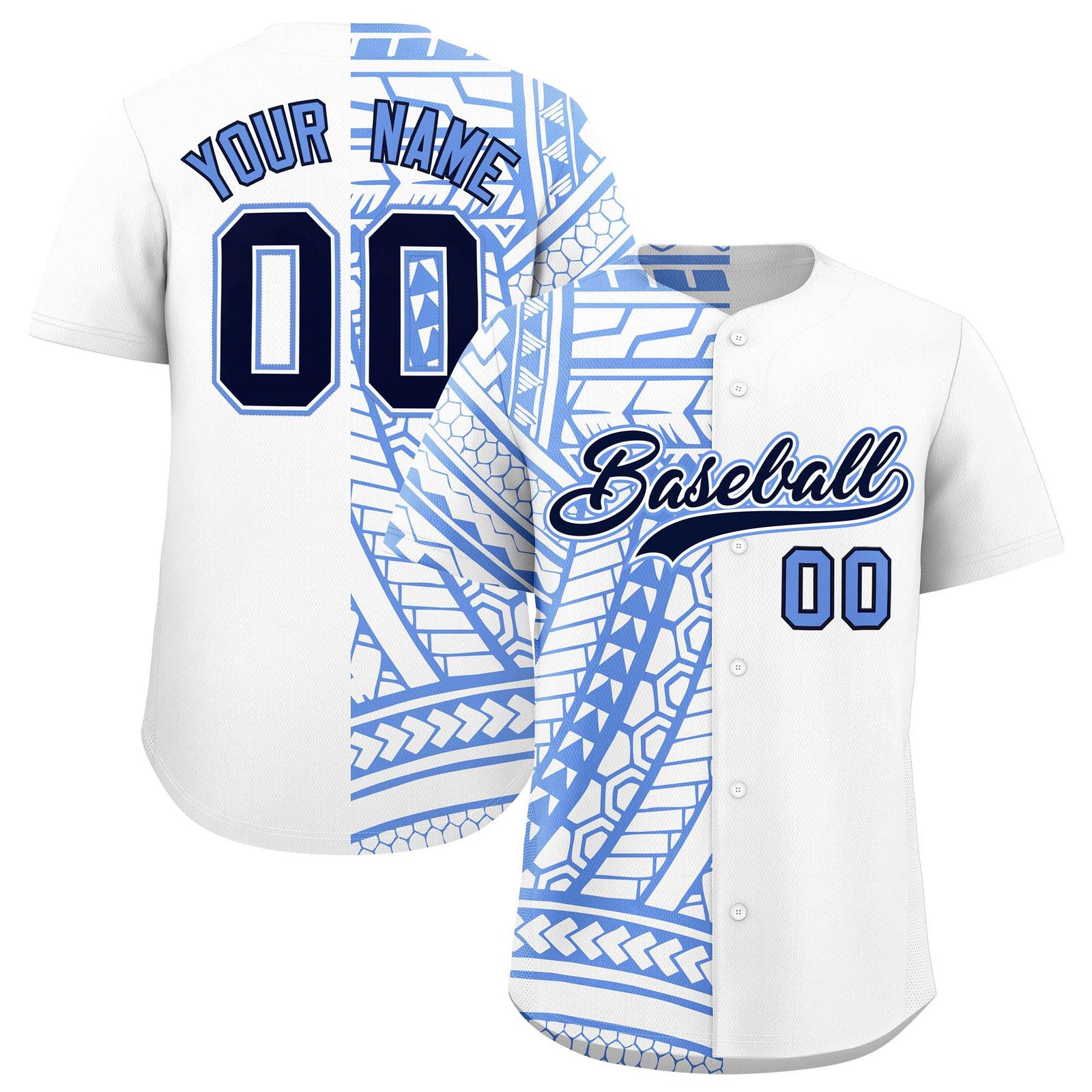 Custom Light Blue Navy Split Fashion Tribal Pattern Authentic Baseball Jersey