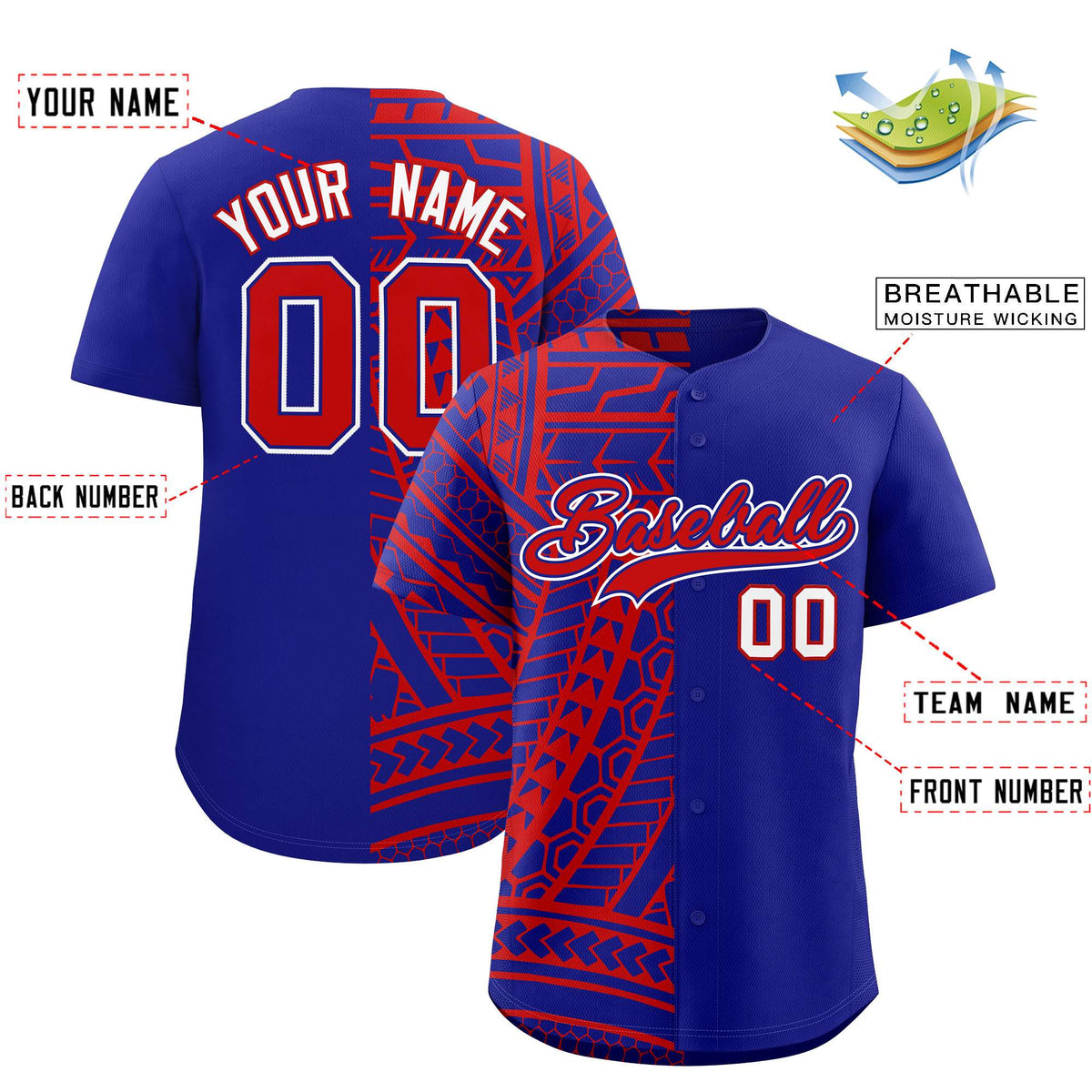 Custom Red Royal Split Fashion Tribal Pattern Authentic Baseball Jersey