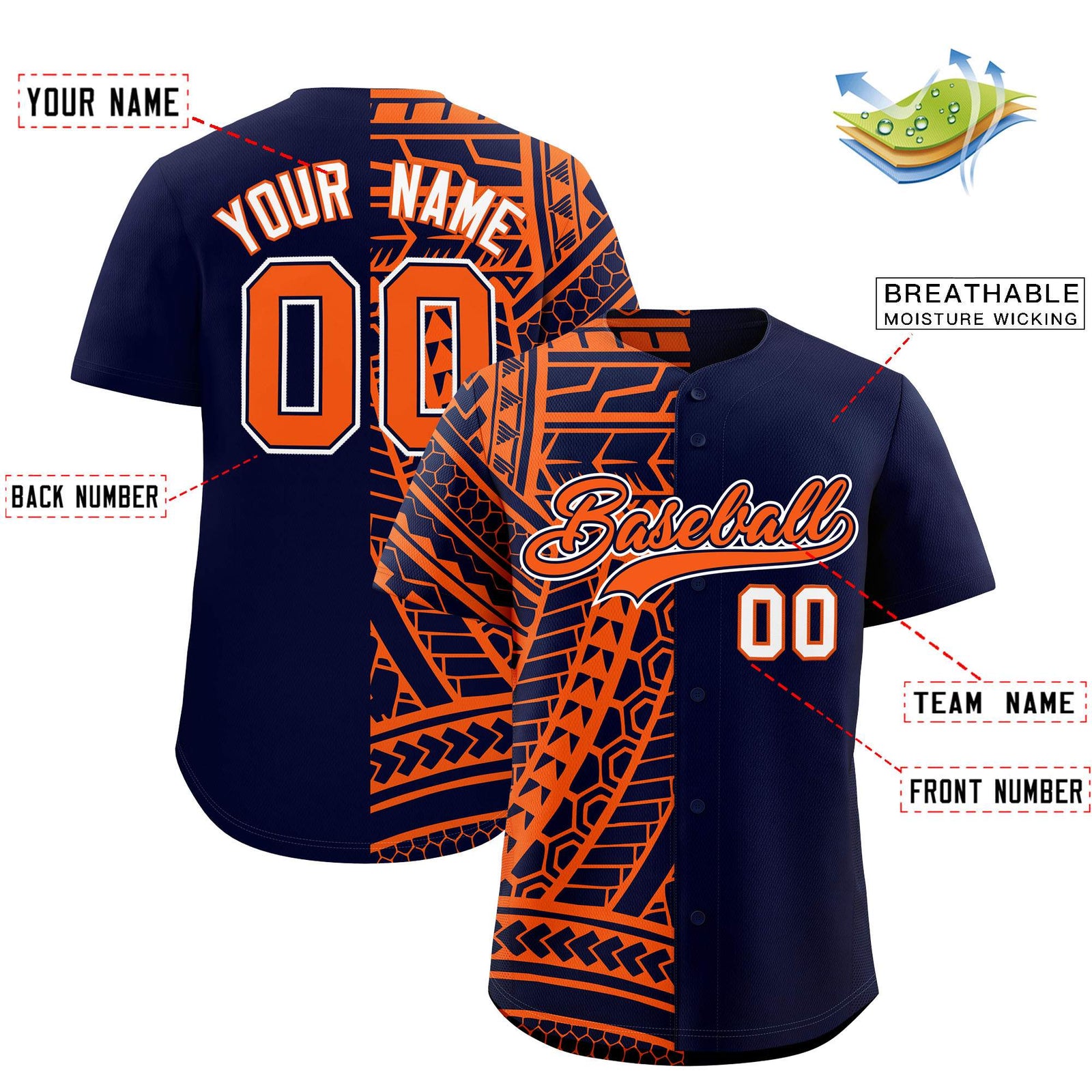 Custom Navy Orange Split Fashion Tribal Pattern Authentic Baseball Jersey