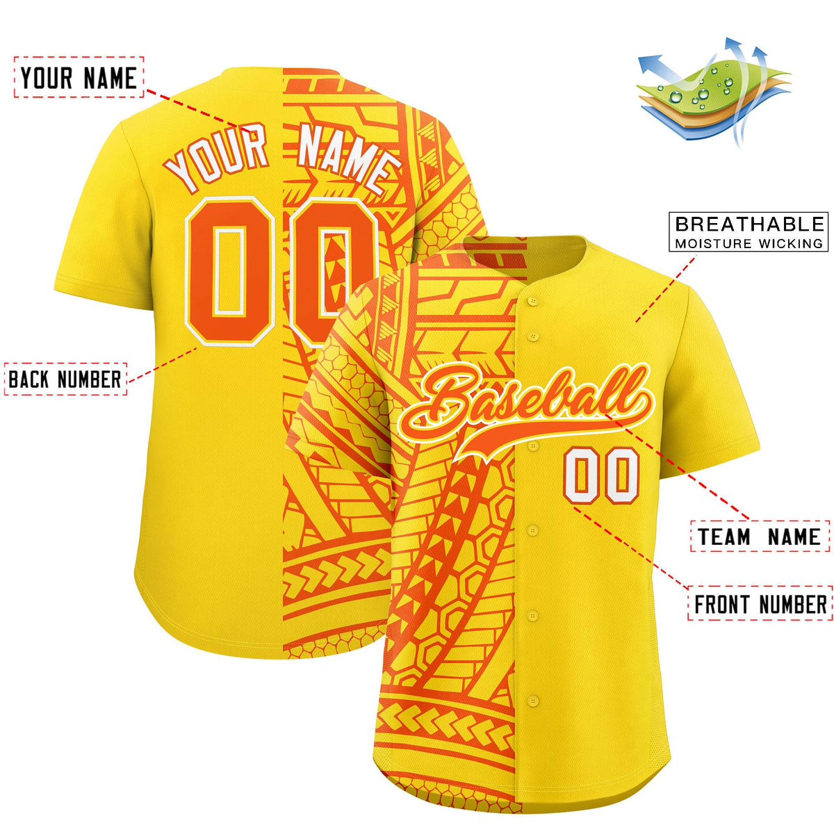 Custom Gold Orange Split Fashion Tribal Pattern Authentic Baseball Jersey