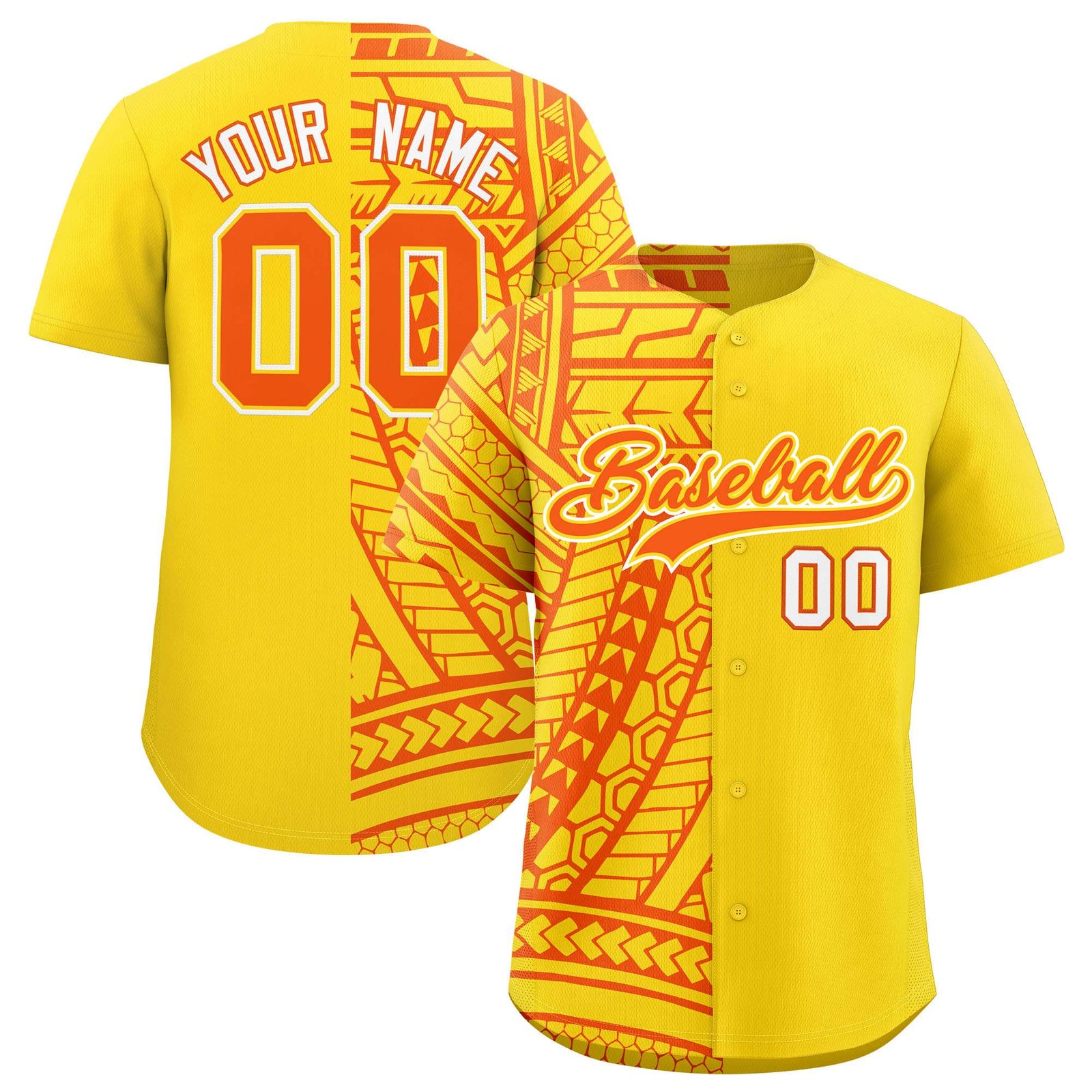 Custom Gold Orange Split Fashion Tribal Pattern Authentic Baseball Jersey
