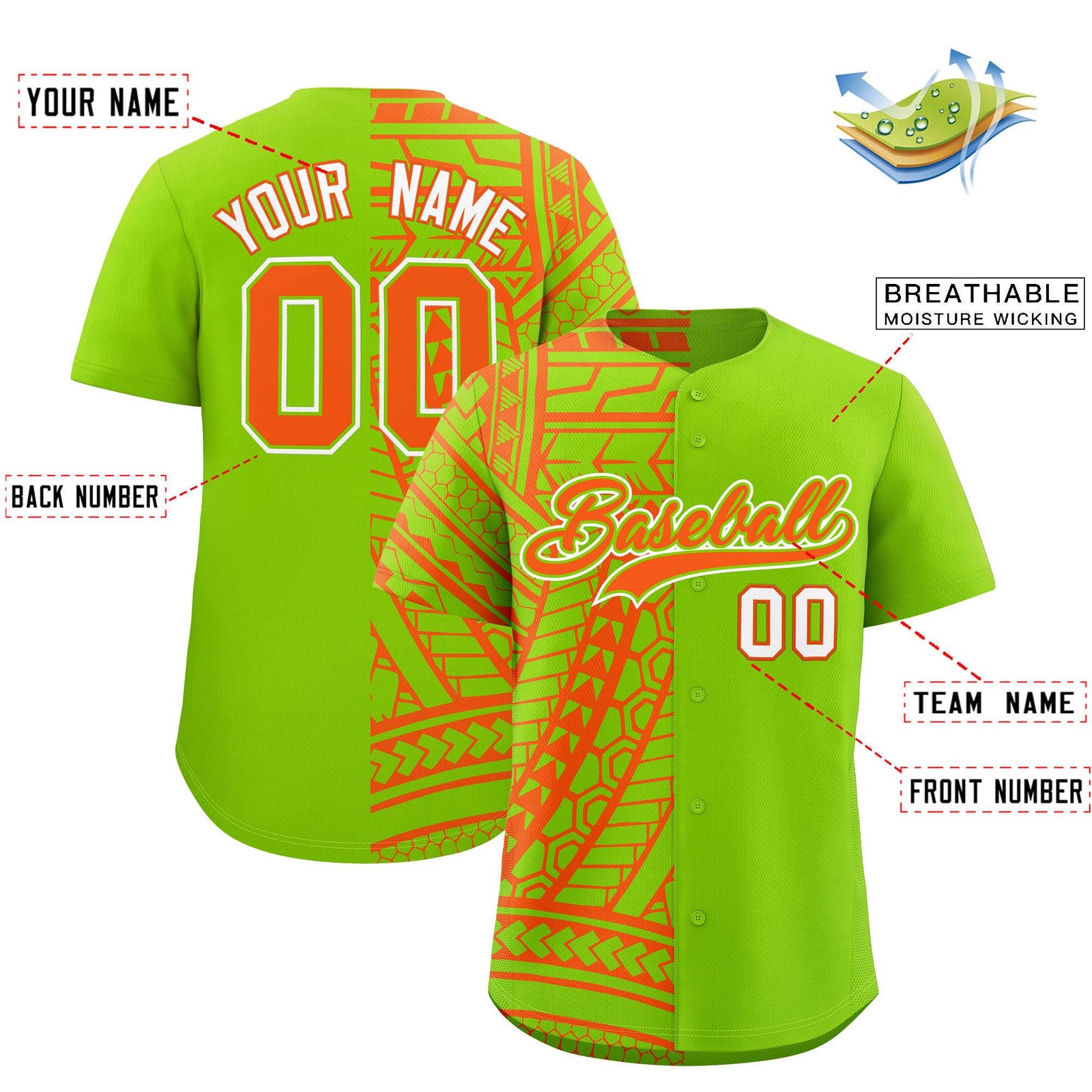 Custom Neon Green Orange Split Fashion Tribal Pattern Authentic Baseball Jersey