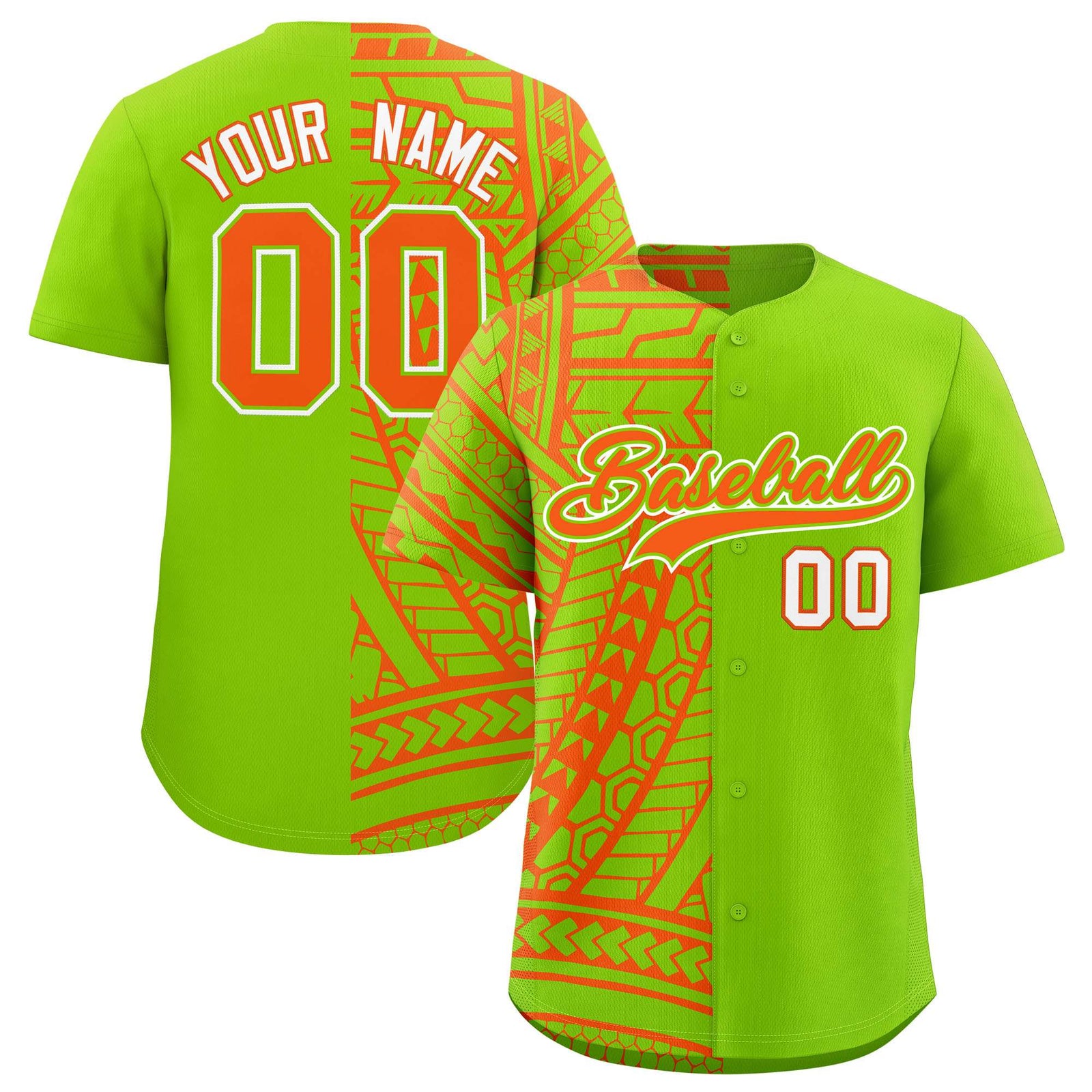 Custom Neon Green Orange Split Fashion Tribal Pattern Authentic Baseball Jersey
