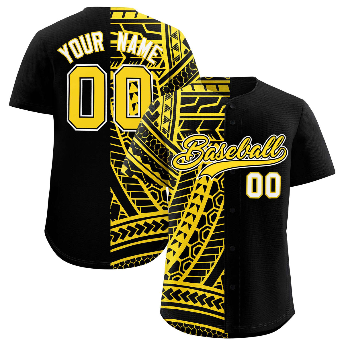 Custom Black Gold Split Fashion Tribal Pattern Authentic Baseball Jersey