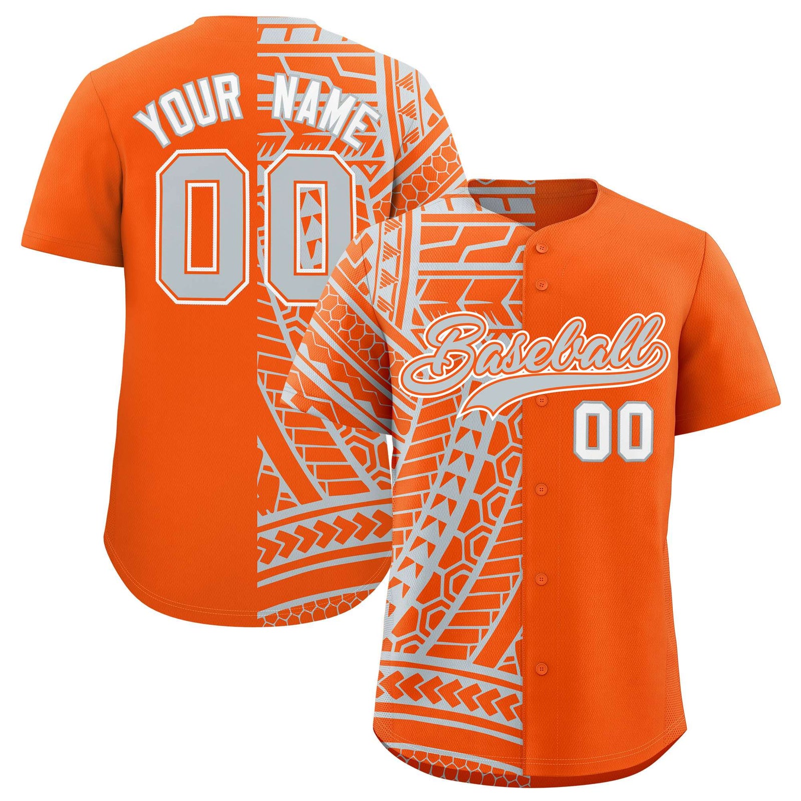 Custom Orange Silver Split Fashion Tribal Pattern Authentic Baseball Jersey