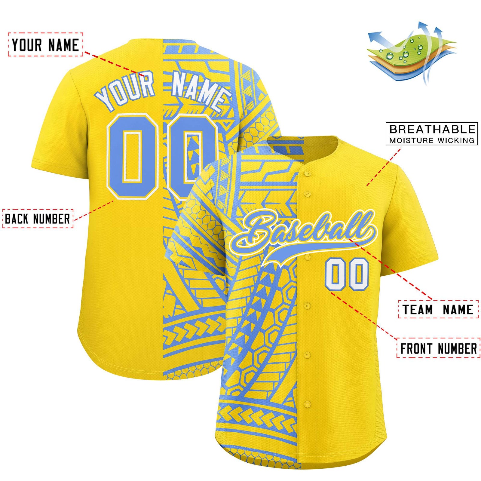 Custom Light Blue Gold Split Fashion Tribal Pattern Authentic Baseball Jersey