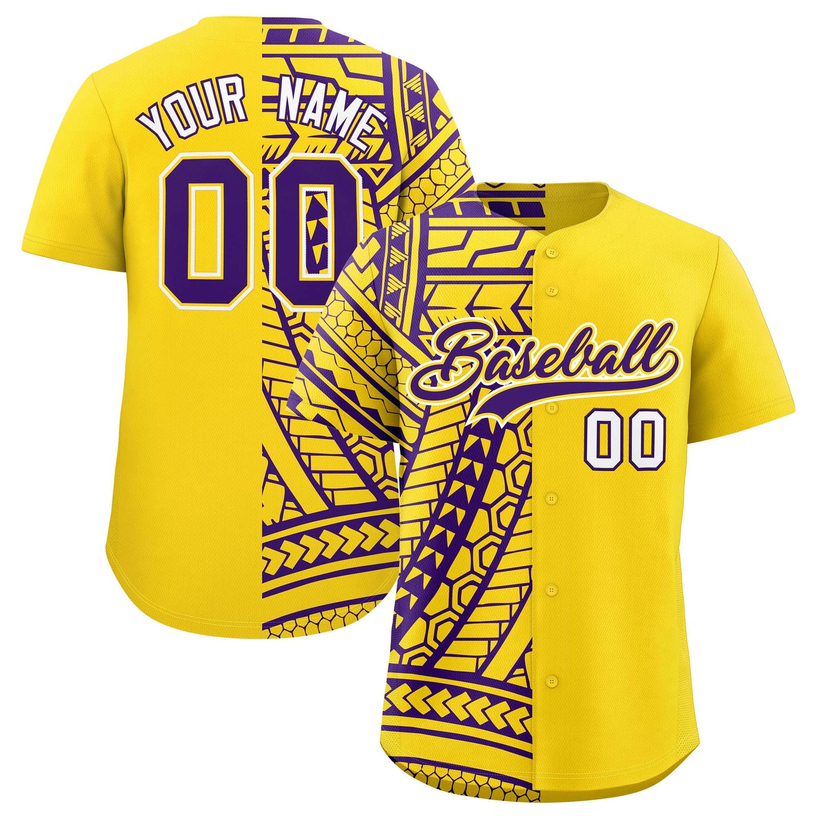 Custom Gold Purple Split Fashion Tribal Pattern Authentic Baseball Jersey